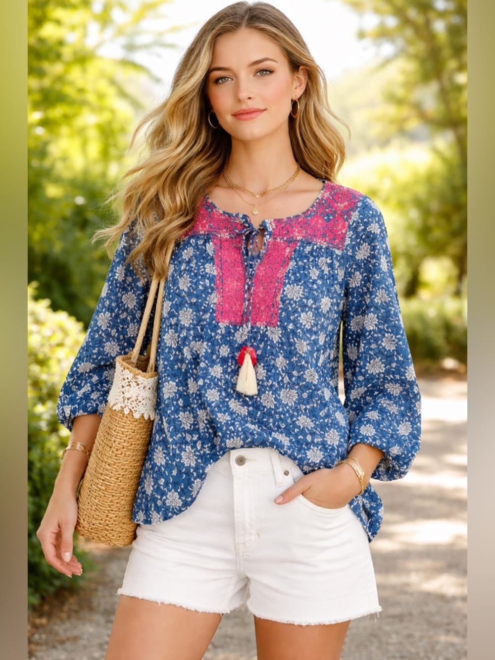 J.Crew Blue Floral Block Print Embroidered Cotton Voile Boho Blouse Tassels M